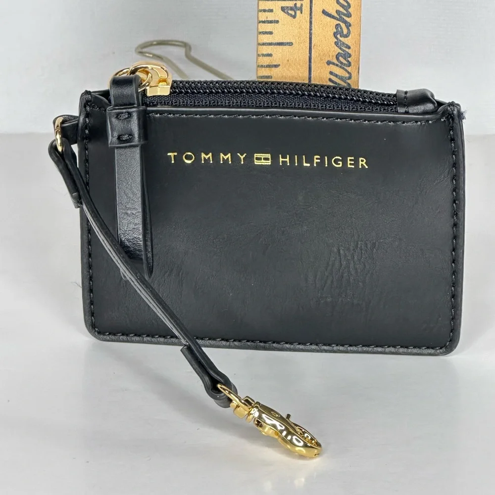 Tommy Hilfiger Coin Purse Black Faux Leather‎ Gold Letter Logo